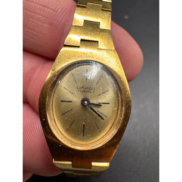 Vintage La Marque Manual Mechanical Oval Gold Tone Solid Link Watch 17 Jewels - Picture 5 of 13